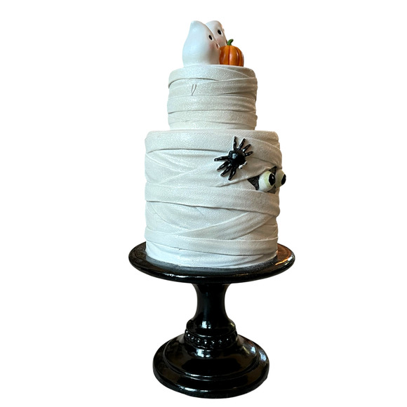 SWEET TREATS 2-Tier Mummy Halloween Faux Cake With Ghost & Pumpkin 19" NEW - Picture 2 of 16